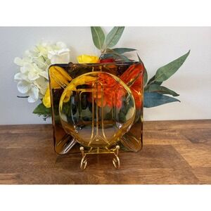 Vintage Yellow Amber Glass Square Ashtray Mid Century Modern 1970s Barware Retro